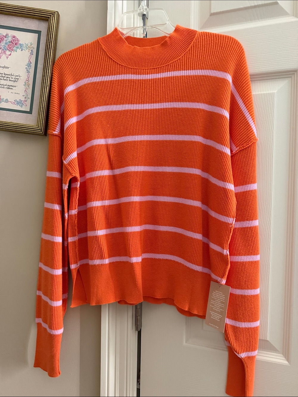 Striped Orange Cowl-Neck Ribbed Sweater